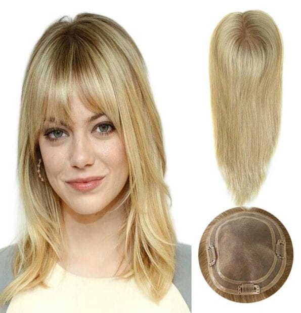 1. 16-Inch Blonde Hair Topper with Dark Roots, 5.5″x6″ Mono Human Hair Topper